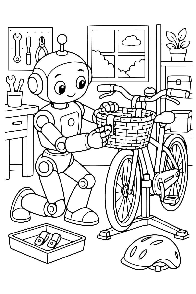 Dessin en noir et blanc d’un robot agenouillé qui fixe un panier à l’avant d’un vélo sur un support d’atelier, avec des outils au mur, un bac de pièces et un casque au sol.