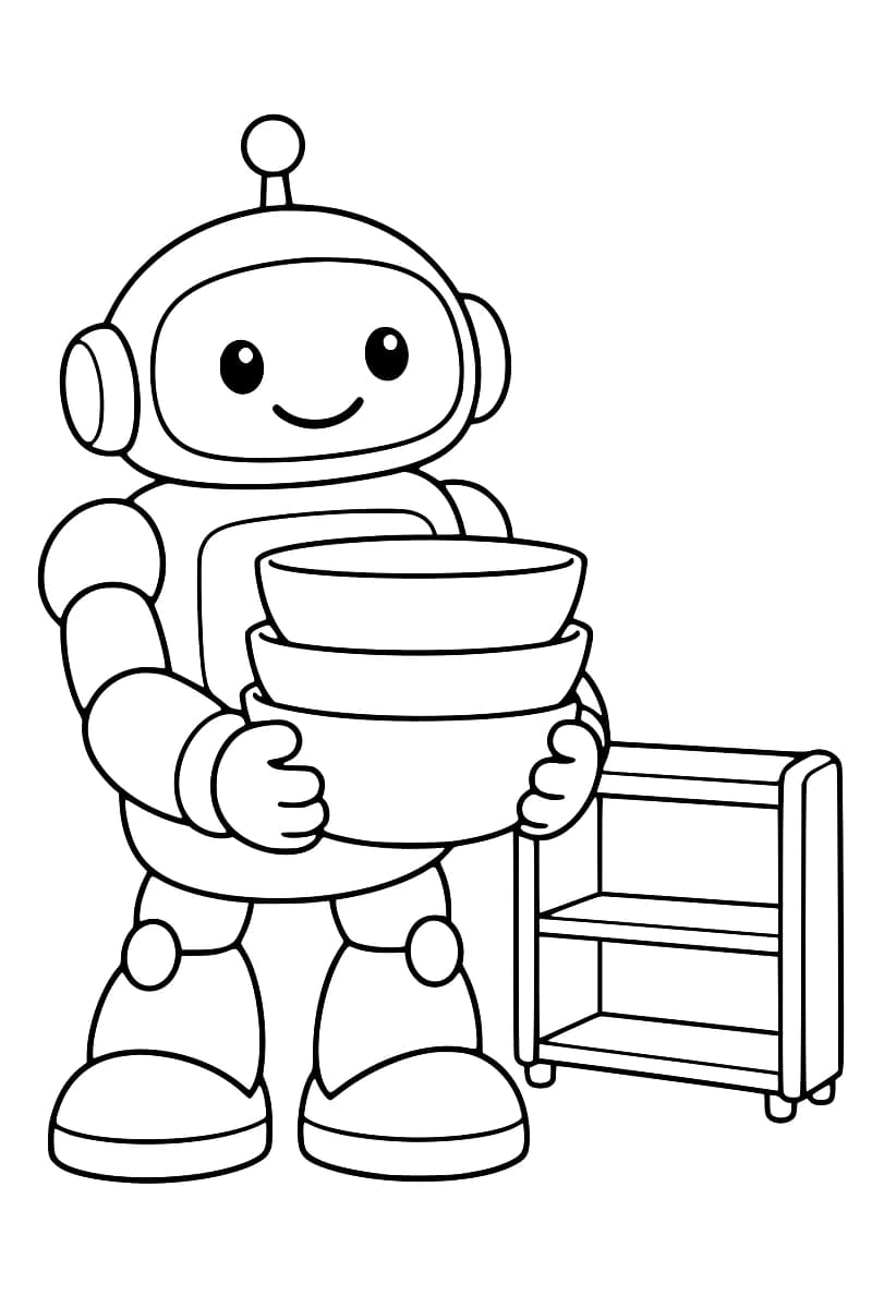 Dessin en noir et blanc d’un robot souriant avec une antenne ronde, tenant trois bols empilés dans ses mains, près d’une petite étagère à deux niveaux.