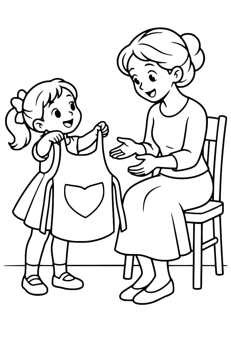 Dessin en noir et blanc d’une petite fille tenant un tablier avec une grande poche en forme de cœur devant sa maman, assise sur une chaise et tendant les mains.