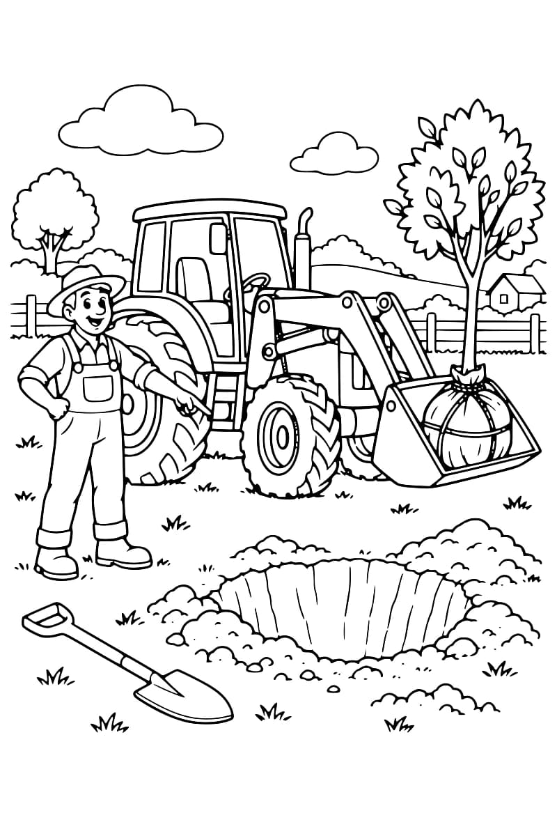 Dessin en noir et blanc d’un fermier désignant un grand trou devant un tracteur équipé d’un chargeur frontal, avec un jeune arbre et sa motte dans le godet. Une pelle repose au sol et une clôture borde le champ.