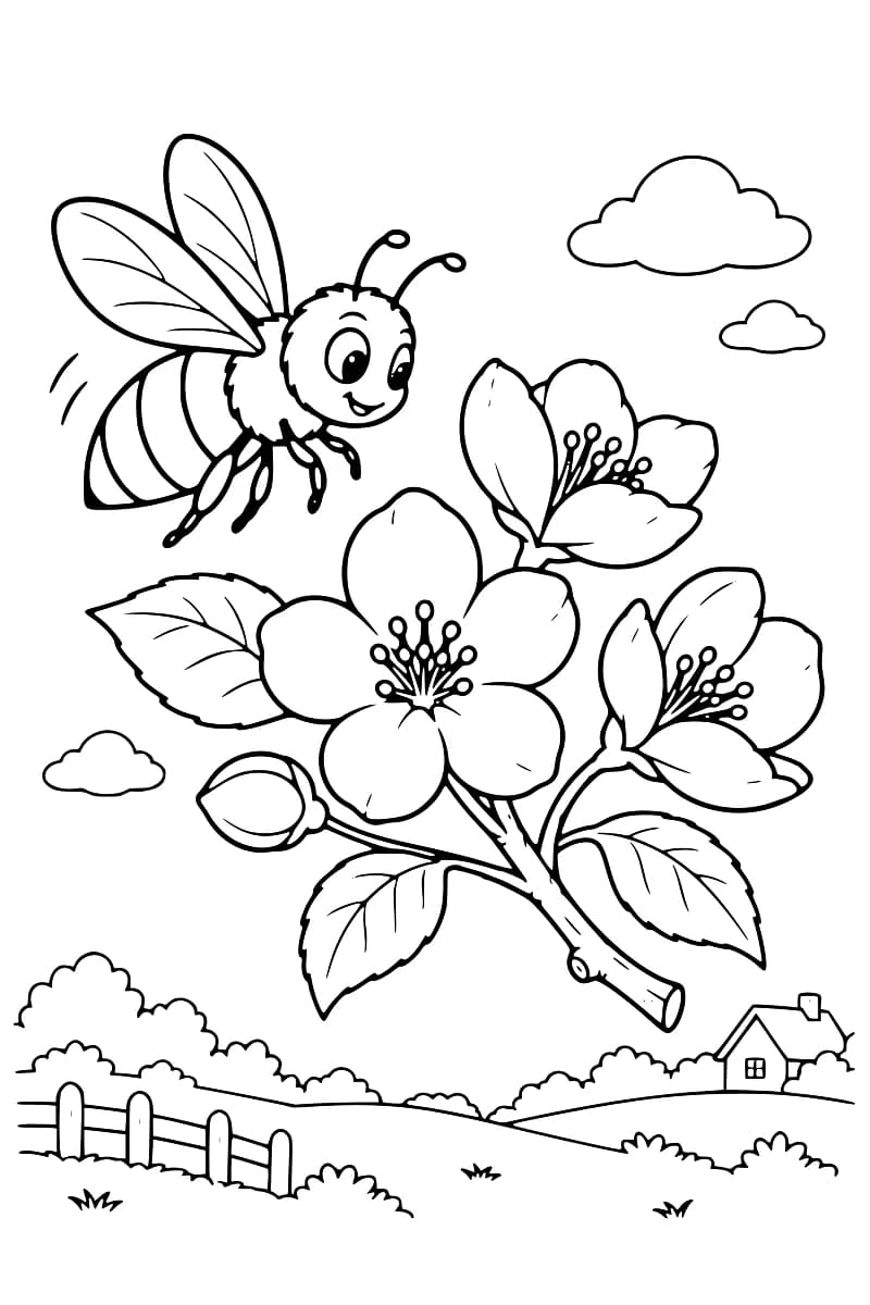 Dessin en noir et blanc d’une abeille souriante volant près d’une branche portant trois fleurs, un bouton et des feuilles, avec des nuages, une clôture et une petite maison à l’arrière-plan.