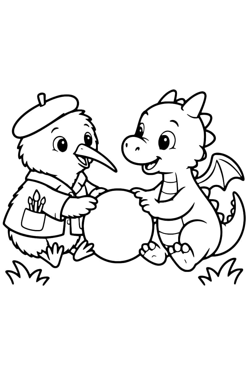 Dessin en noir et blanc d’un oiseau portant un béret et une veste avec des pinceaux dans la poche, assis face à un petit dragon ailé avec une grosse balle entre eux.
