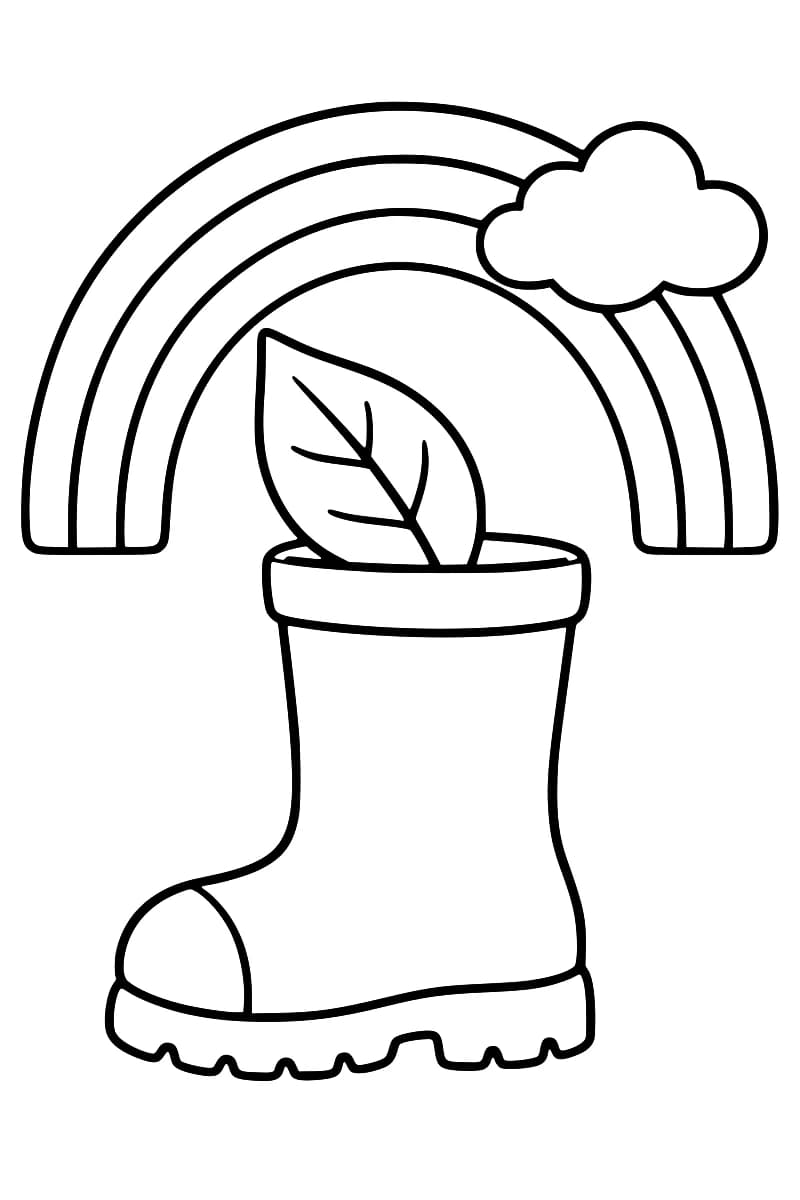 Dessin en noir et blanc d’une botte de pluie à semelle crantée contenant une grande feuille, sous un arc-en-ciel à larges bandes avec un nuage en haut à droite.