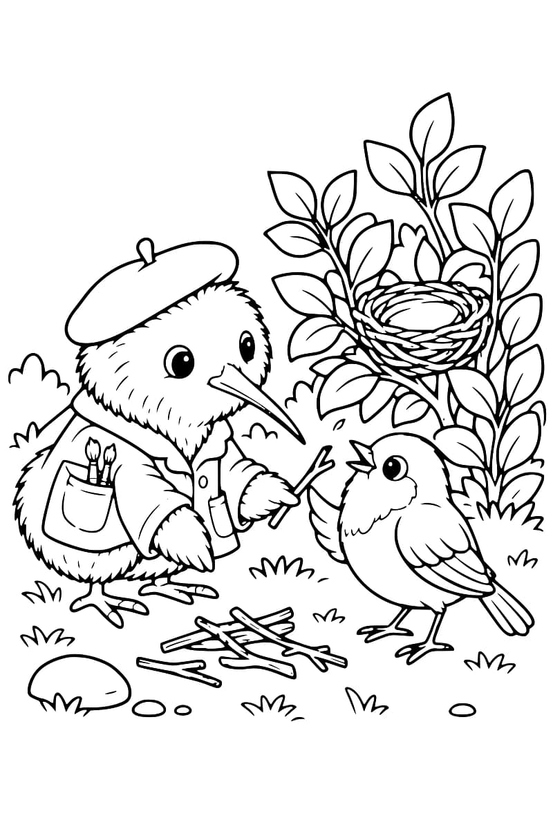 Dessin en noir et blanc d’un kiwi portant un béret et une veste avec des pinceaux dans la poche, tendant une brindille à un petit oiseau au bec ouvert, près d’un tas de brindilles et d’un nid vide dans un buisson feuillu.