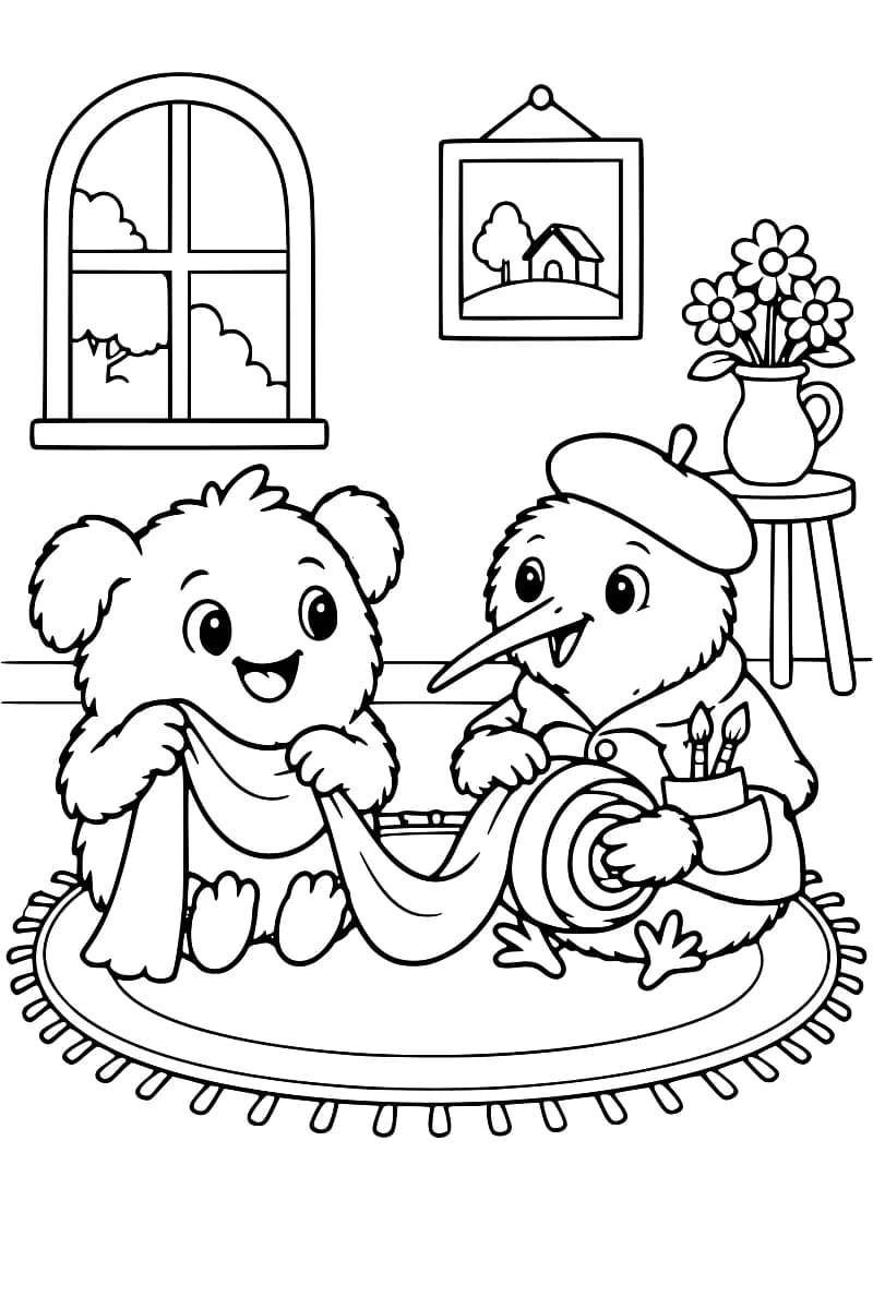 Dessin en noir et blanc d’un monstre aux oreilles rondes et de Kiwi, un oiseau portant un béret et une veste avec des pinceaux dans la poche, qui enroulent une longue écharpe sur un tapis ovale, devant une fenêtre, un tableau et un vase de fleurs.