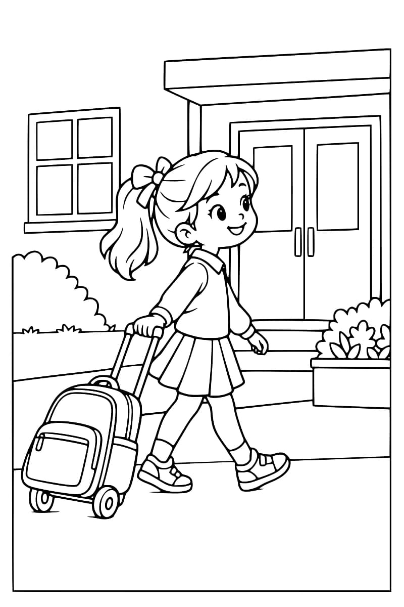 Dessin en noir et blanc d’une fillette souriante, coiffée d’une queue de cheval avec un nœud, qui marche en tirant un cartable à roulettes devant un bâtiment avec une double porte, une fenêtre et des buissons.