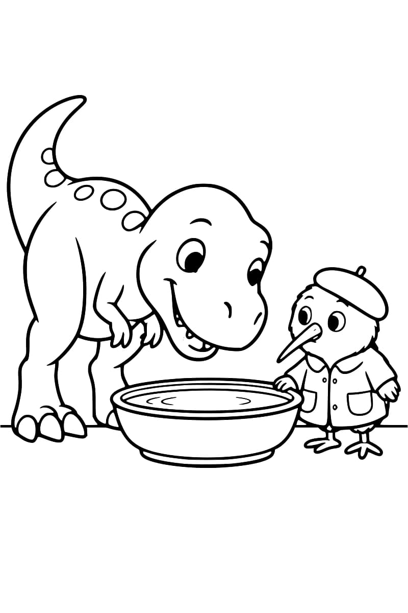 Dessin au trait noir d’un dinosaure souriant penché vers une grande écuelle remplie d’eau, à côté d’un petit oiseau au long bec portant un béret et une blouse.