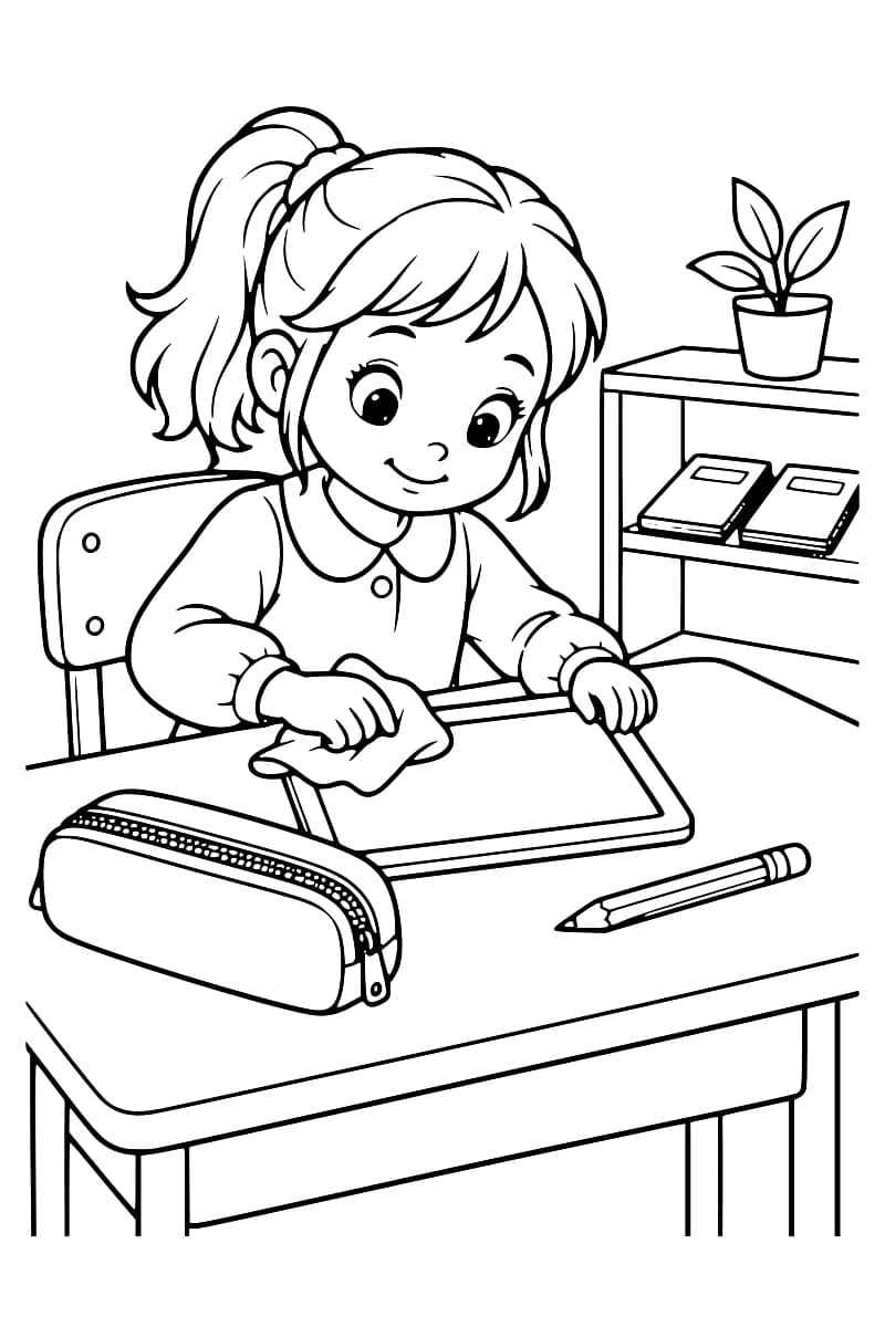 Dessin en noir et blanc d’une élève assise à un bureau, nettoyant une ardoise avec un chiffon. Une trousse fermée et un crayon sont posés devant elle, tandis qu’une étagère avec des cahiers et une plante en pot se trouve derrière.