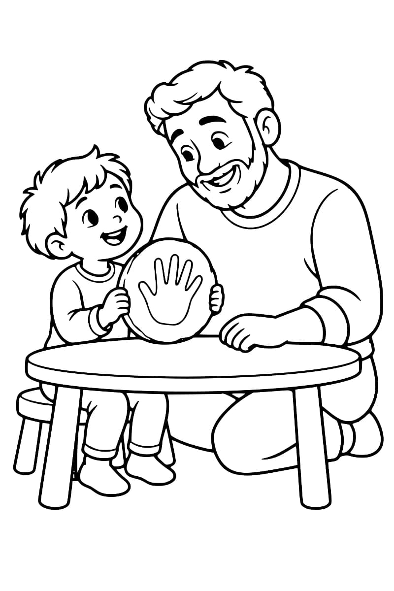 Dessin en noir et blanc d’un enfant assis sur un tabouret, tenant un grand disque avec une empreinte de main, à côté de son père agenouillé près d’une table ronde.