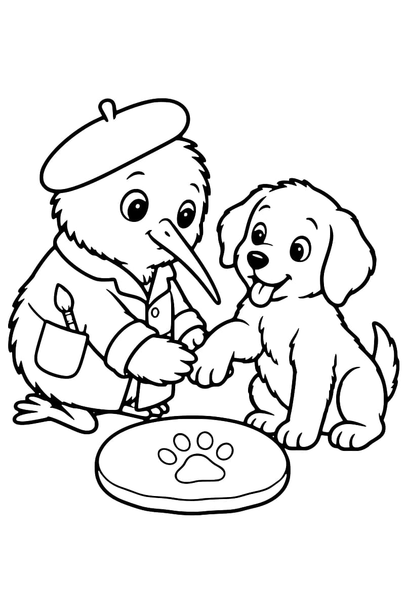 Dessin en noir et blanc d’un oiseau portant un béret et une veste avec un pinceau dans la poche, tenant la patte levée d’un chiot souriant ; une plaque ovale ornée d’une empreinte de patte est posée devant eux.