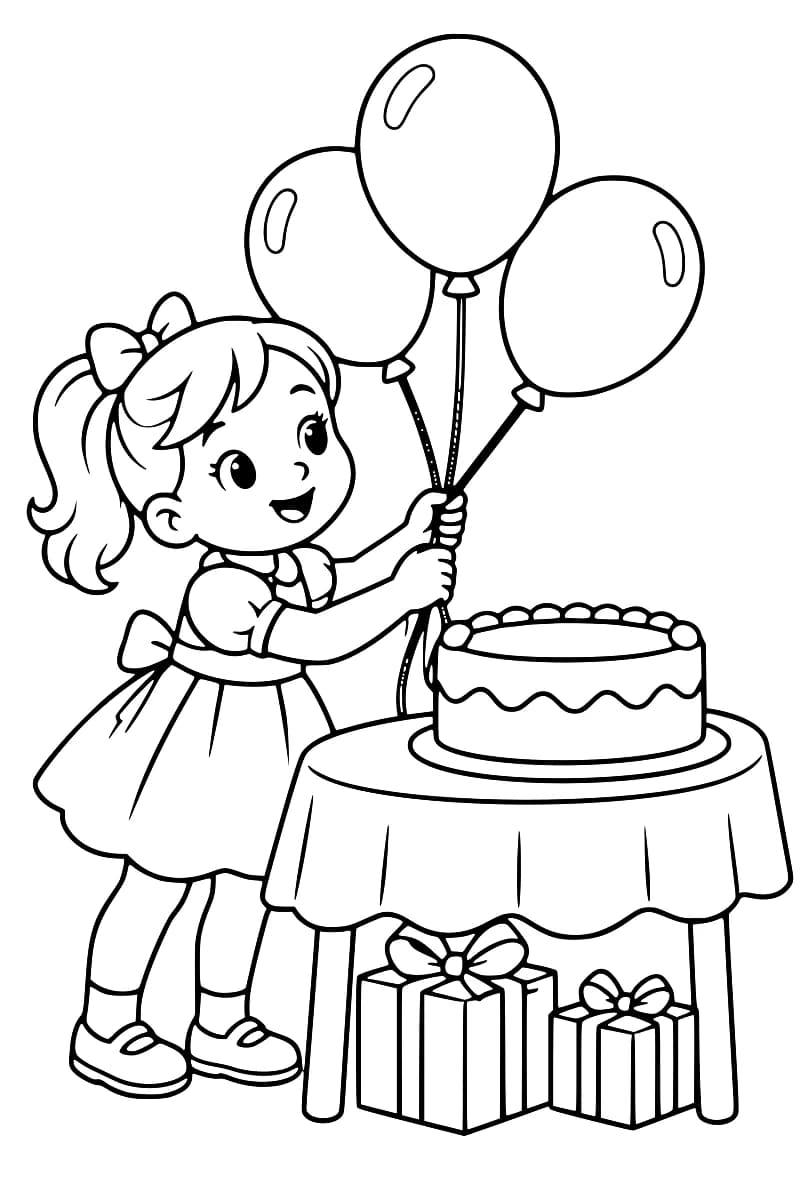 Coloriage d’une fillette tenant trois ballons près d’un gâteau d’anniversaire et de deux cadeaux.