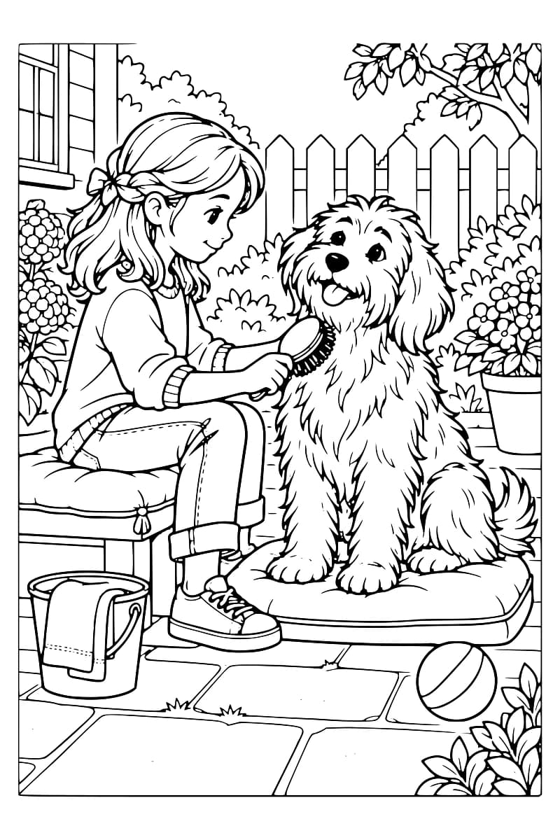 Une enfant assise brosse un grand chien hirsute installé sur un coussin, devant une clôture et des fleurs.