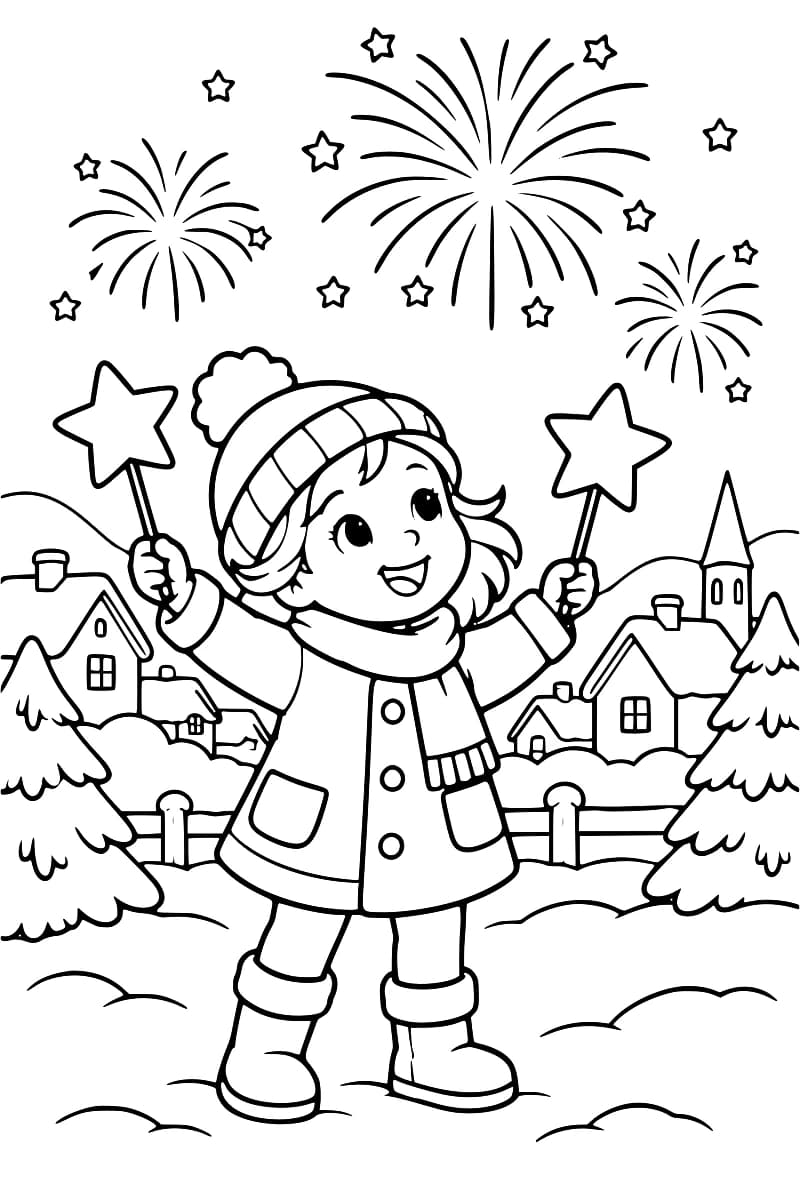 Dessin en noir et blanc d’une enfant en manteau, bonnet et bottes, tenant deux étoiles dans un paysage enneigé avec des maisons, des sapins et des feux d’artifice.