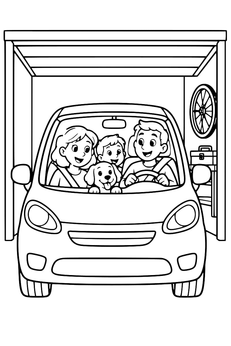 Dessin en noir et blanc d’une voiture vue de face avec deux adultes, un enfant et un chien à l’intérieur, dans un garage.