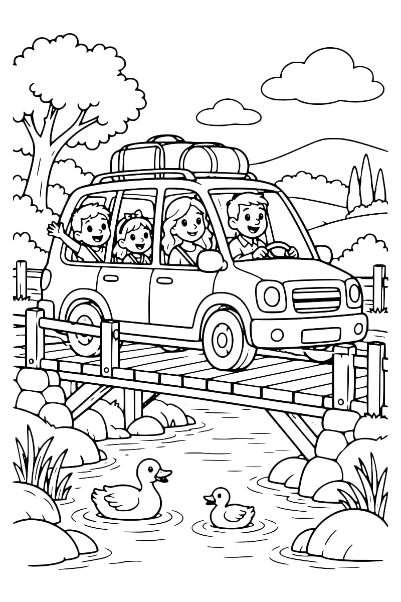 Dessin en noir et blanc d’une voiture transportant deux adultes et deux enfants sur un pont en bois, avec des bagages sur le toit. Deux canards nagent dans le ruisseau bordé de rochers et d’herbes, au milieu d’un paysage d’arbres et de collines.