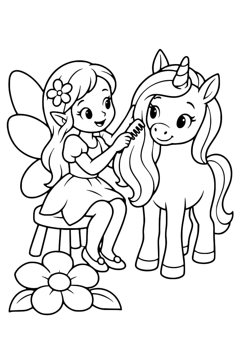 Dessin en noir et blanc d’une fée ailée, une fleur dans les cheveux, assise sur un tabouret et coiffant une licorne avec un peigne, près d’une grande fleur.