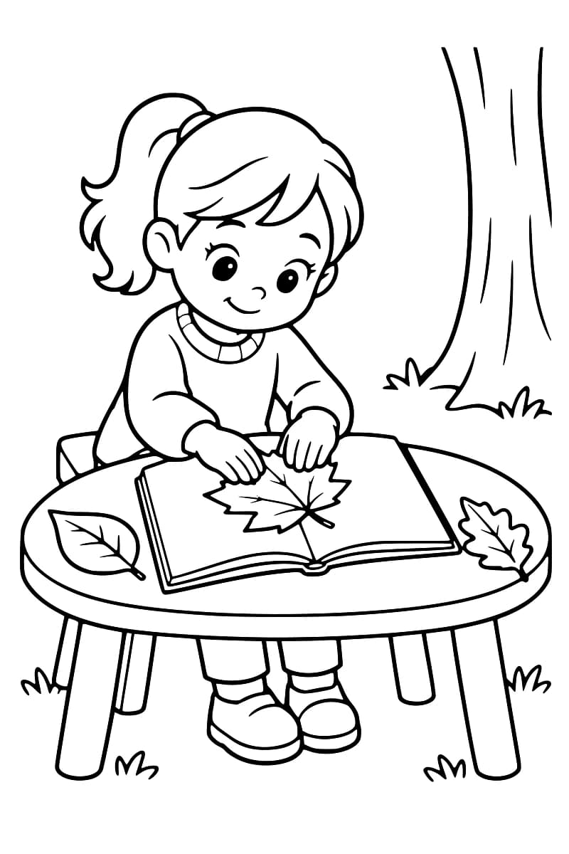 Dessin en noir et blanc d’un enfant assis à une table ronde, les mains sur une feuille d’érable posée dans un livre ouvert, avec deux autres feuilles sur la table et un tronc d’arbre à droite.