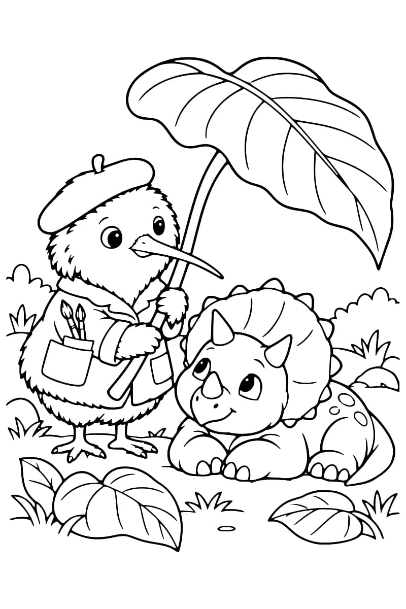 Dessin à colorier de Koloriwi, un oiseau portant un béret et une veste avec des pinceaux dans une poche, tenant une grande feuille au-dessus d’un petit tricératops couché parmi des feuilles et des touffes d’herbe.
