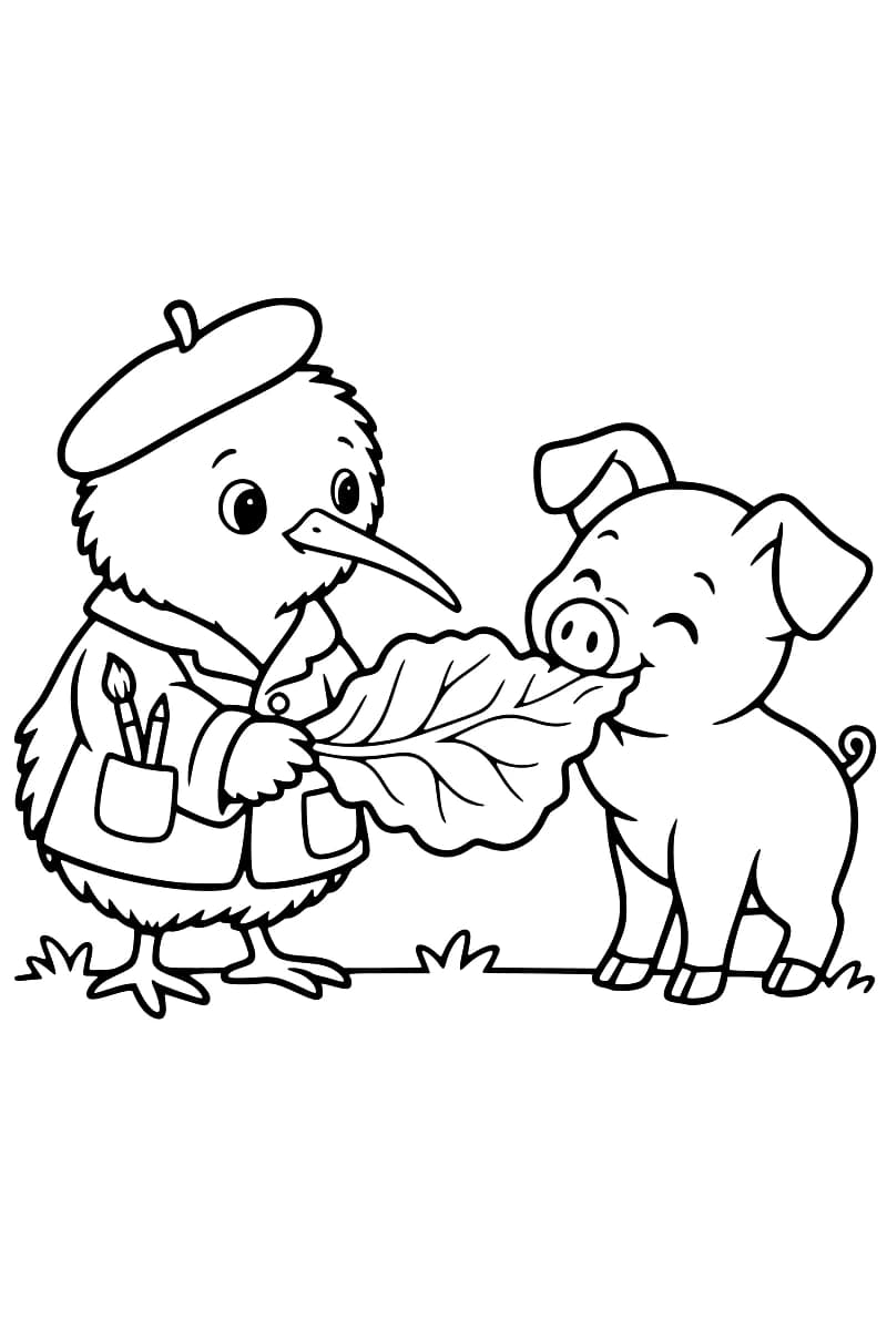 Dessin au trait noir d’un oiseau au long bec, coiffé d’un béret et vêtu d’une veste avec des pinceaux dans une poche, tenant une grande feuille dans la bouche d’un porcelet.