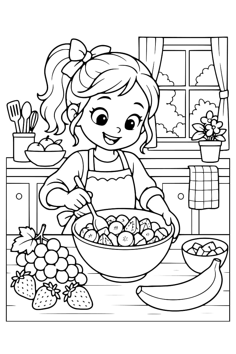 Dessin à colorier en noir et blanc d’une fille en tablier remuant des morceaux de fruits dans un grand saladier avec une cuillère. Des raisins, trois fraises, une banane et un petit bol de morceaux de fruits sont posés sur le comptoir, devant une fenêtre et des ustensiles de cuisine.
