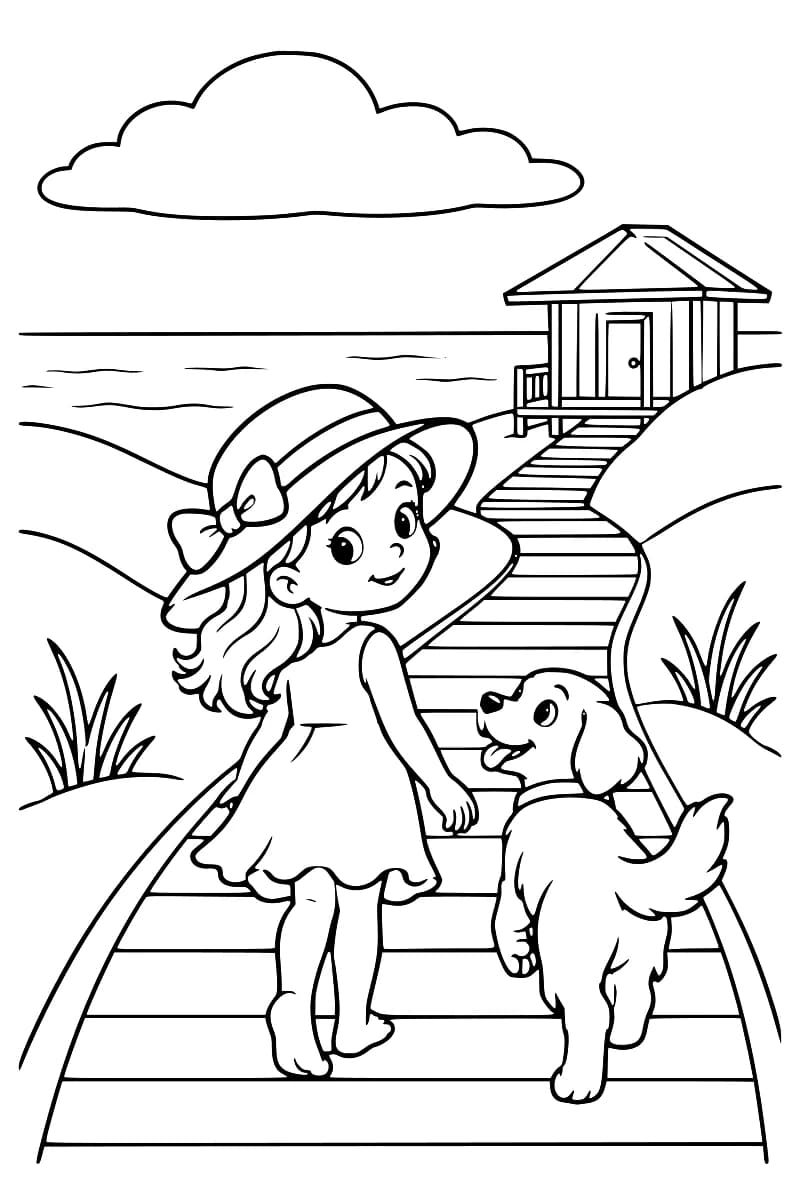 Dessin en noir et blanc d’une fillette pieds nus, en robe et chapeau à nœud, accompagnée d’un chien sur une passerelle en bois entre les dunes, avec une cabane, la mer et un grand nuage à l’arrière-plan.