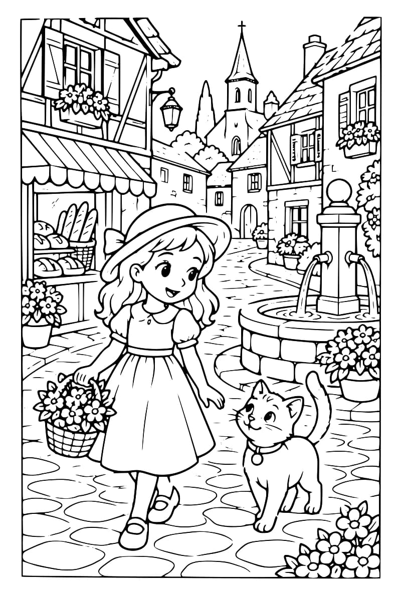 Dessin en noir et blanc d’une fillette en robe et chapeau tenant un panier de fleurs, accompagnée d’un chat dans une rue pavée, avec une fontaine, une boulangerie, des maisons fleuries à colombages et un clocher à l’arrière-plan.