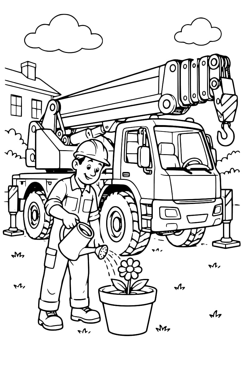 Dessin en noir et blanc d’une personne casquée qui arrose une fleur en pot avec un arrosoir, devant un camion-grue aux stabilisateurs déployés et au crochet suspendu.