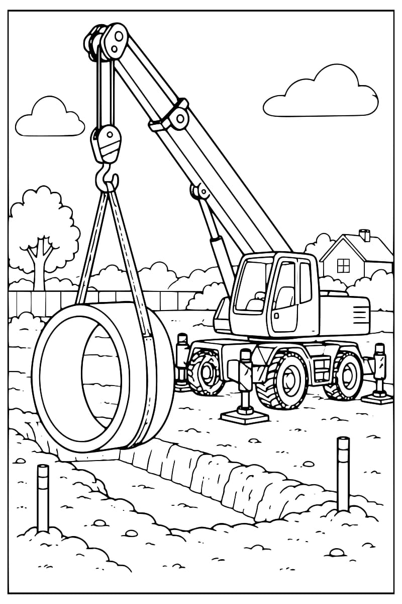 Dessin au trait d’une grue mobile sur roues, stabilisateurs déployés, soulevant un grand tuyau circulaire à l’aide d’élingues au-dessus d’une tranchée, avec un arbre et une maison en arrière-plan.