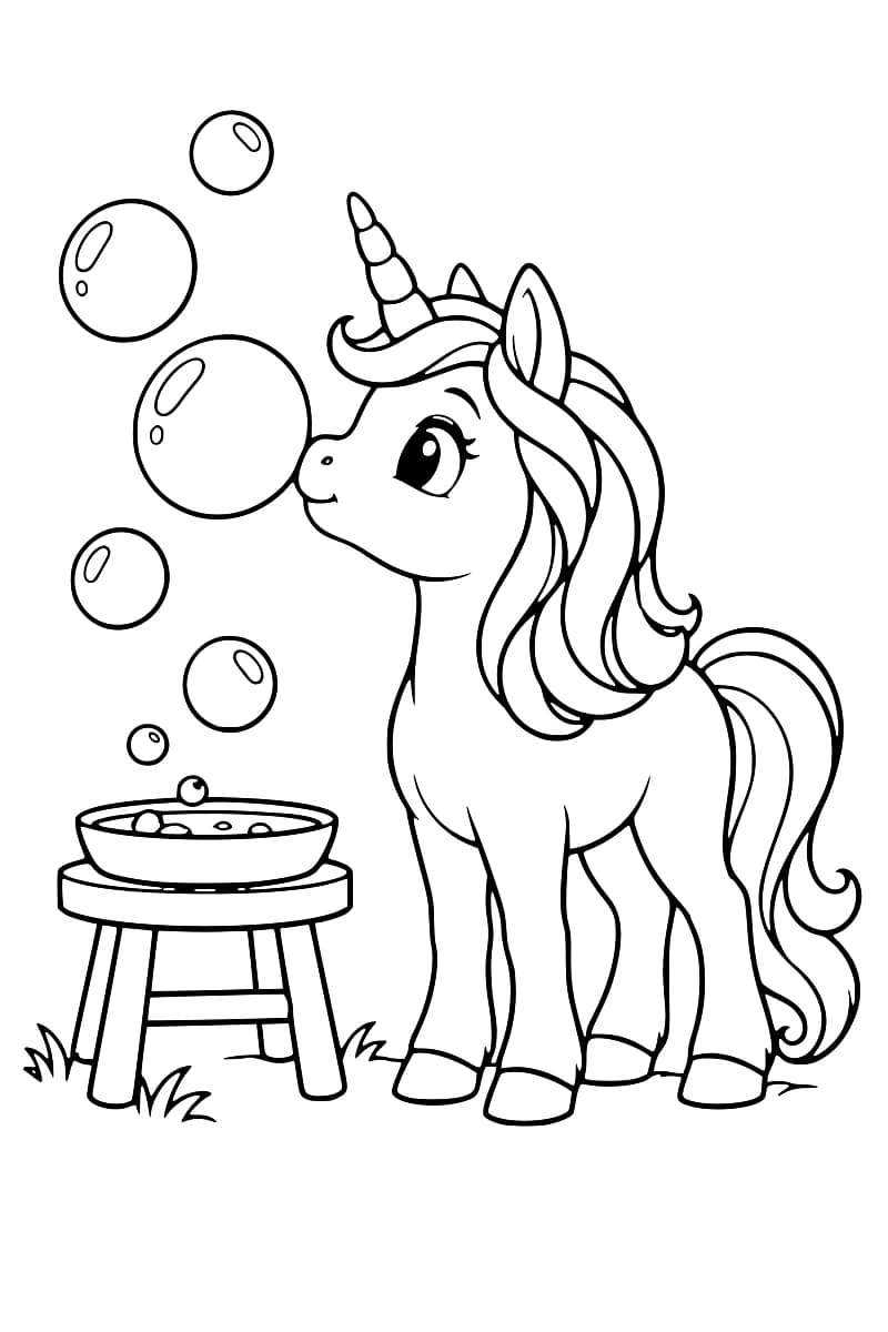 Dessin en noir et blanc d’une licorne à la longue crinière ondulée, debout près d’un tabouret portant une coupelle, avec plusieurs bulles flottant devant son museau.