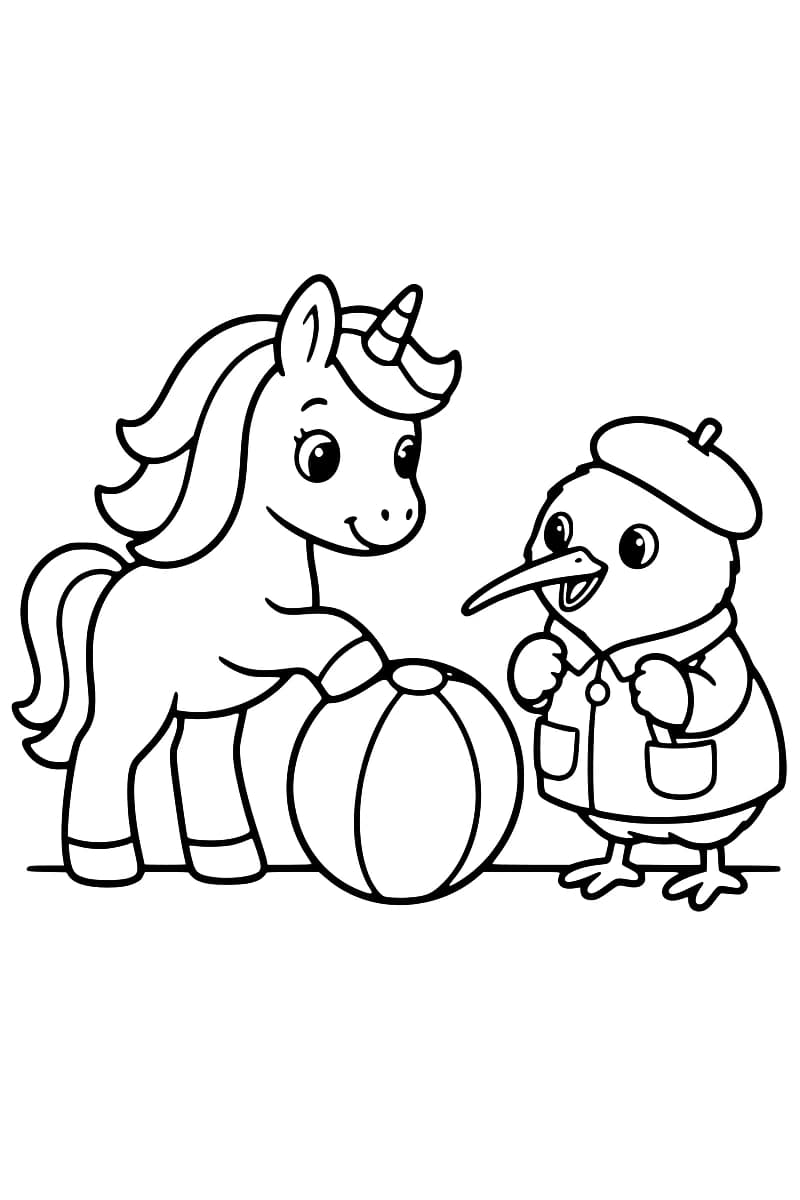 Dessin à colorier d’une licorne à gauche, un sabot avant posé sur un gros ballon, et d’un kiwi souriant à droite, vêtu d’un béret et d’une blouse à poches.