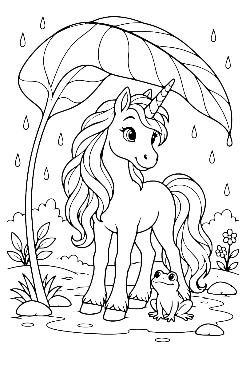 Dessin à colorier d’une licorne à la longue crinière et d’une grenouille sous une feuille géante, entourées de gouttes de pluie, de flaques, de pierres et de fleurs.