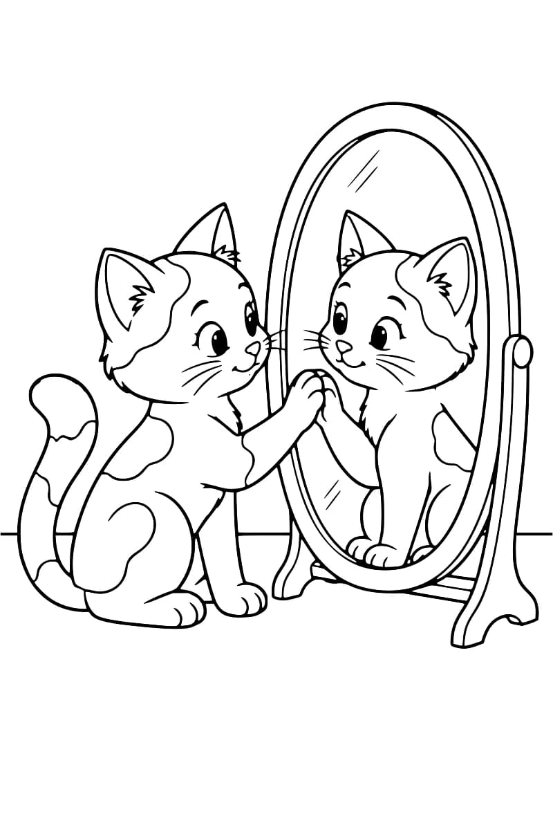 Chat assis devant un miroir ovale, une patte posée contre son reflet.