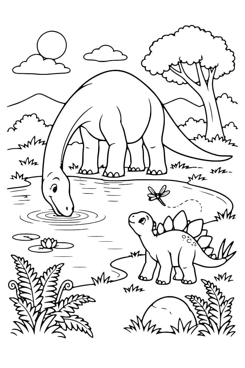 Dessin en noir et blanc montrant un dinosaure au long cou qui boit dans une mare et un petit stégosaure près de l’eau, entourés d’arbres et de fougères.