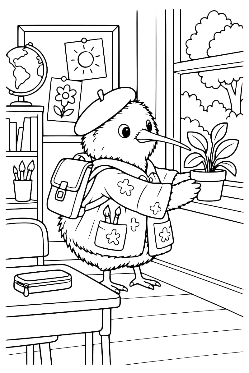 Dessin en noir et blanc d’un kiwi coiffé d’un béret, portant un cartable et une blouse à fleurs avec des pinceaux dans une poche. Il tient une plante en pot près d’une fenêtre donnant sur des arbres. Un bureau avec une trousse, une chaise, une étagère et un globe complètent la scène.
