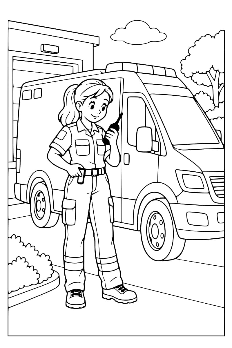 Dessin à colorier d’une secouriste tenant une radio dans une main, l’autre posée à sa ceinture, à côté d’une ambulance aux portes fermées, avec un garage, des arbres et des buissons en arrière-plan.