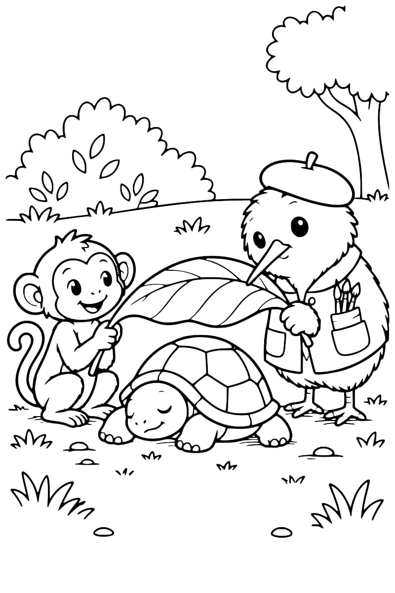 Dessin en noir et blanc d’un singe assis et d’un oiseau debout, coiffé d’un béret et portant des pinceaux dans sa veste, qui abritent une tortue aux yeux fermés sous une grande feuille, dans un décor d’arbres et de buissons.