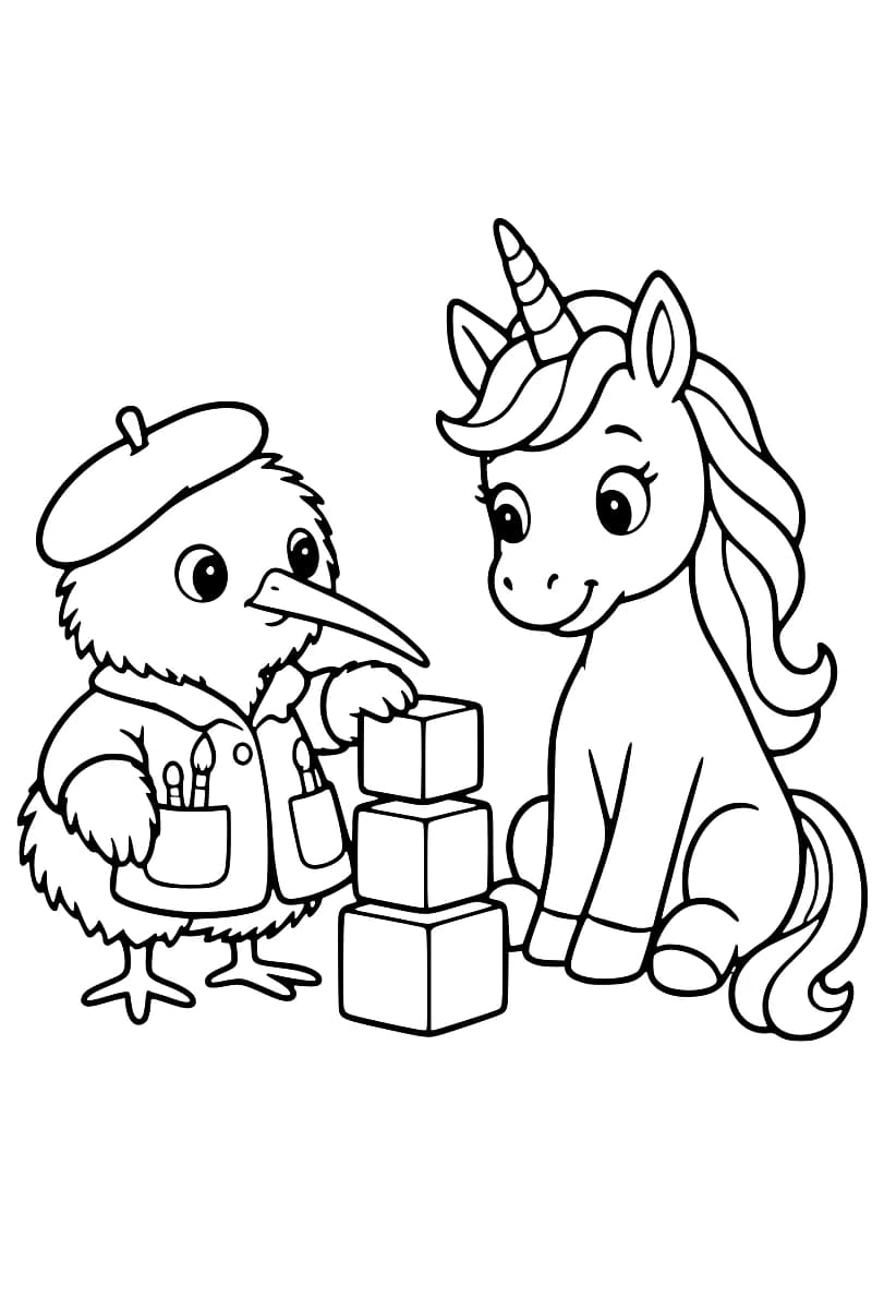 Dessin à colorier en noir et blanc d’un oiseau portant un béret et une veste avec des pinceaux dans les poches, à côté d’une tour de trois cubes et d’une licorne assise à la longue crinière ondulée.