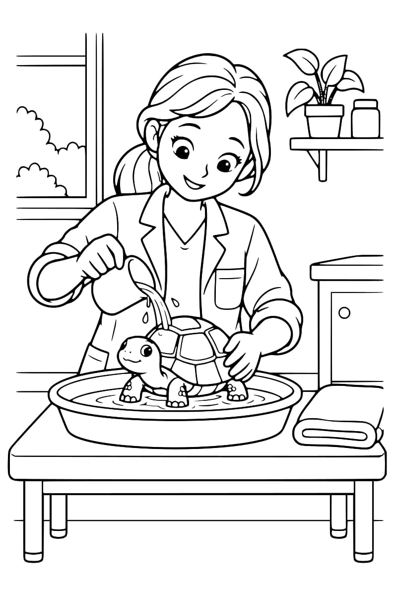 Dessin en noir et blanc d’une vétérinaire versant de l’eau avec un pichet sur une tortue dans une bassine posée sur une table, à côté d’une serviette pliée.