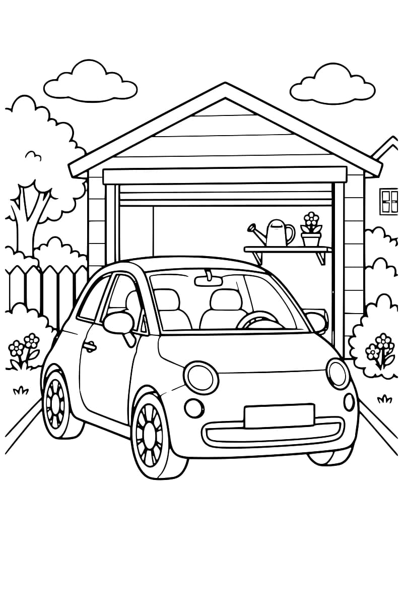 Voiture arrondie vue de trois quarts devant un garage ouvert, entouré d’un jardin.