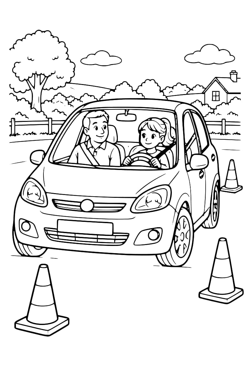 Dessin en noir et blanc d’une voiture entourée de trois plots, avec une femme au volant et un homme à ses côtés, tous deux attachés, devant des arbres, une clôture et une maison.