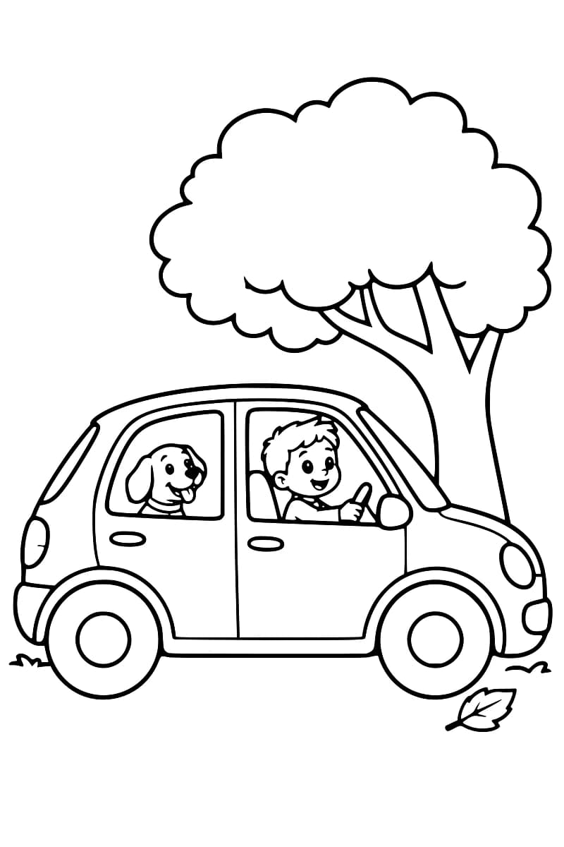 Dessin en noir et blanc d’une petite voiture vue de profil, avec un enfant au volant et un chien à la fenêtre arrière, sous un arbre au large feuillage ; une feuille est au sol près de la roue avant.