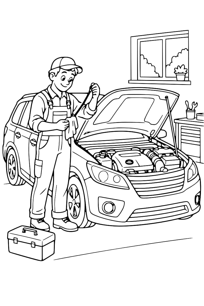 Dessin en noir et blanc d’un mécanicien en salopette et casquette tenant une jauge d’huile et un chiffon devant une voiture au capot ouvert, avec une boîte à outils au sol.