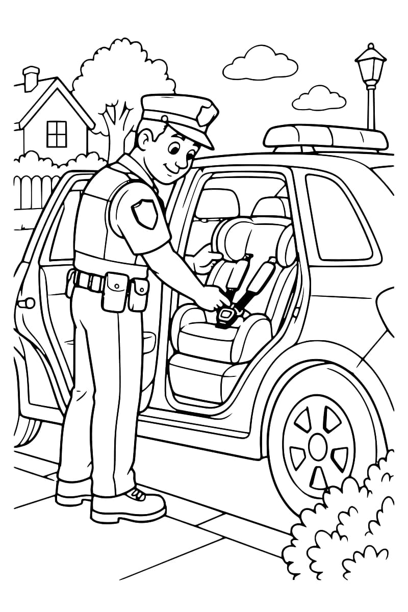 Dessin à colorier d’un policier penché vers un siège enfant vide, les mains sur le harnais, à l’arrière d’une voiture équipée d’un gyrophare, avec une maison, un arbre et un réverbère en arrière-plan.