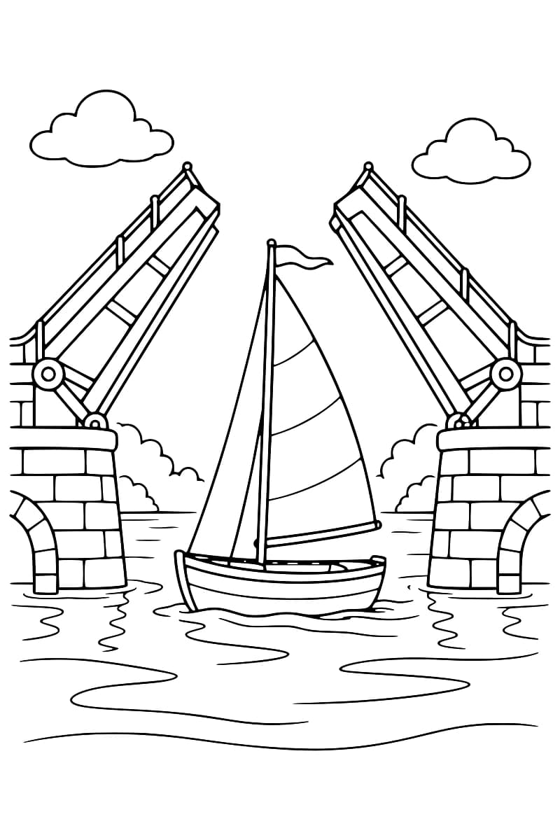 Dessin au trait noir d’un voilier avec un fanion entre les deux parties relevées d’un pont, soutenues par des piles en pierre, avec des ondulations sur l’eau et deux nuages dans le ciel.