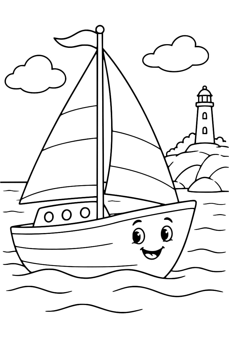 Dessin à colorier d’un voilier avec deux grandes voiles, un fanion et un visage souriant sur la coque, entouré de vagues, avec un phare sur des rochers et deux nuages.