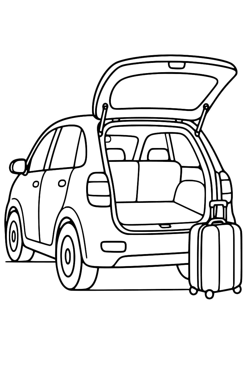Dessin au trait noir d’une voiture vue de trois quarts arrière, avec le hayon relevé et une valise à roulettes à droite.