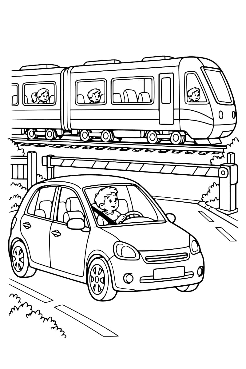 Dessin en noir et blanc d’une voiture au premier plan, avec un conducteur portant sa ceinture, devant une barrière baissée et un train avec des personnages visibles aux fenêtres.
