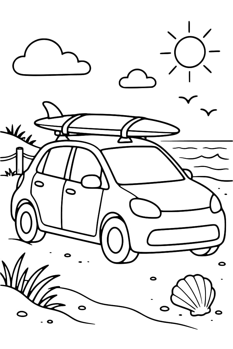 Dessin en noir et blanc d’une voiture compacte avec une planche de surf fixée sur le toit, près de la mer, avec un coquillage, des herbes, une clôture, deux oiseaux, des nuages et le soleil.