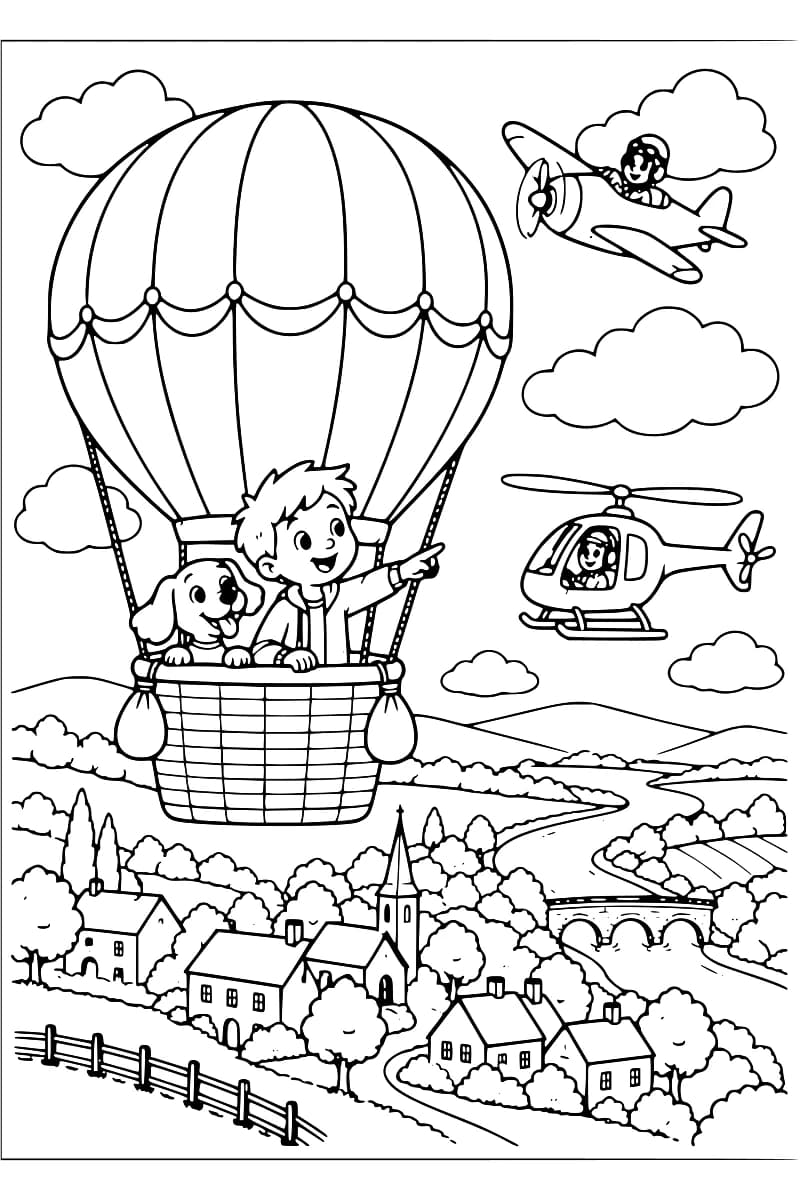 Dessin en noir et blanc montrant un enfant et son chien dans une montgolfière au-dessus d’un village, avec un avion et un hélicoptère dans le ciel.