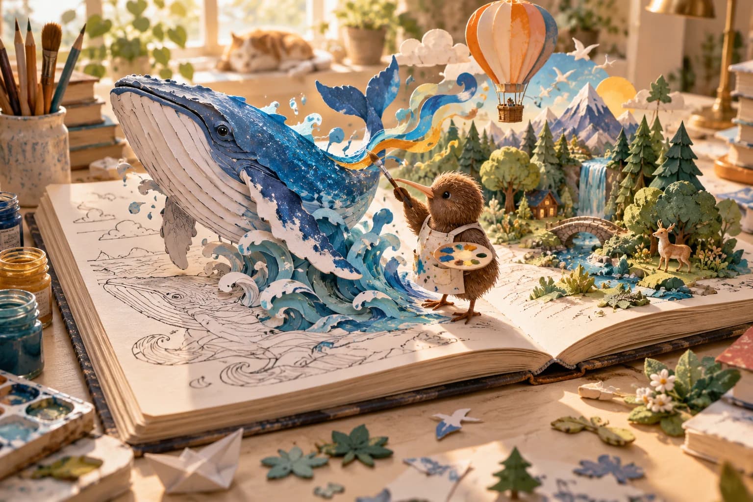 Un carnet pop-up et un petit oiseau artiste au milieu de crayons colorés